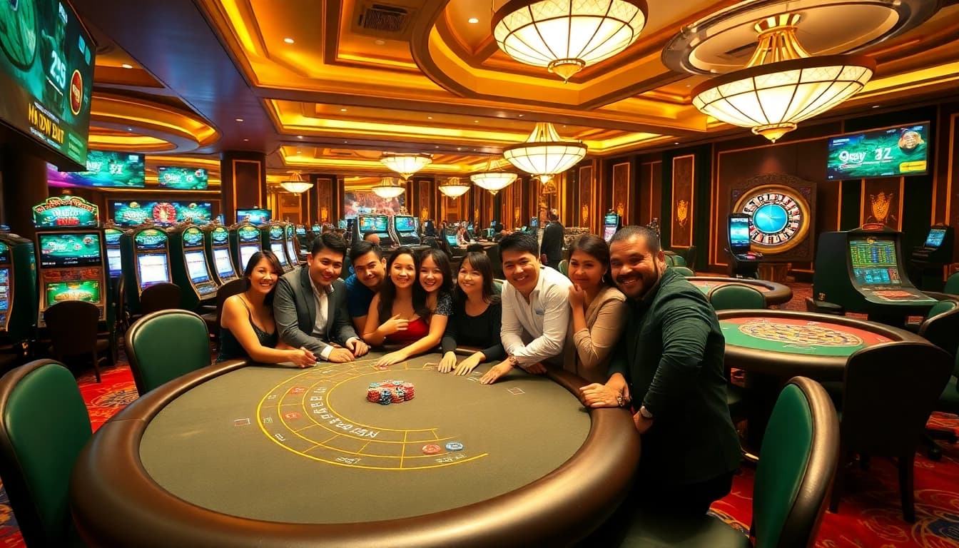 Players enjoying vibrant gambling action at 99win's luxurious casino interior.