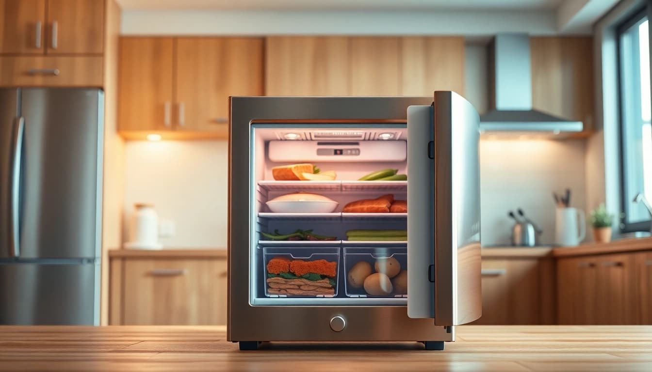 Browse a mini freezer stocked with various frozen foods in a stylish kitchen setting.