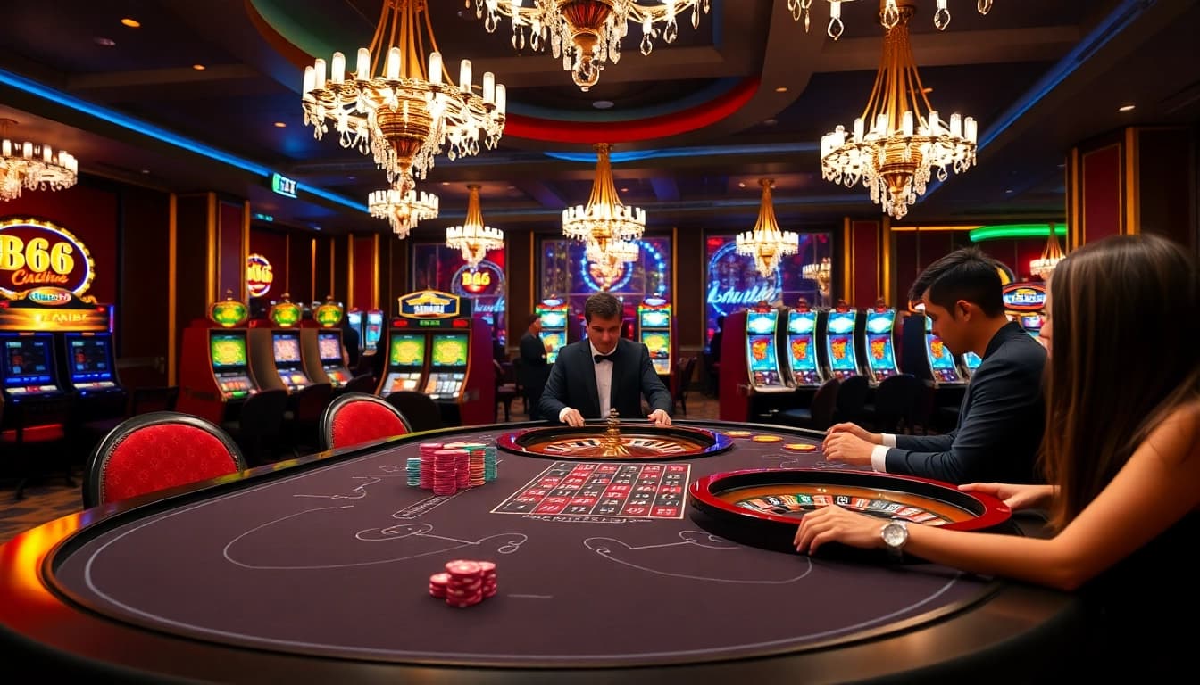 Experience B66 gaming excitement with players engaging at a luxurious casino table.