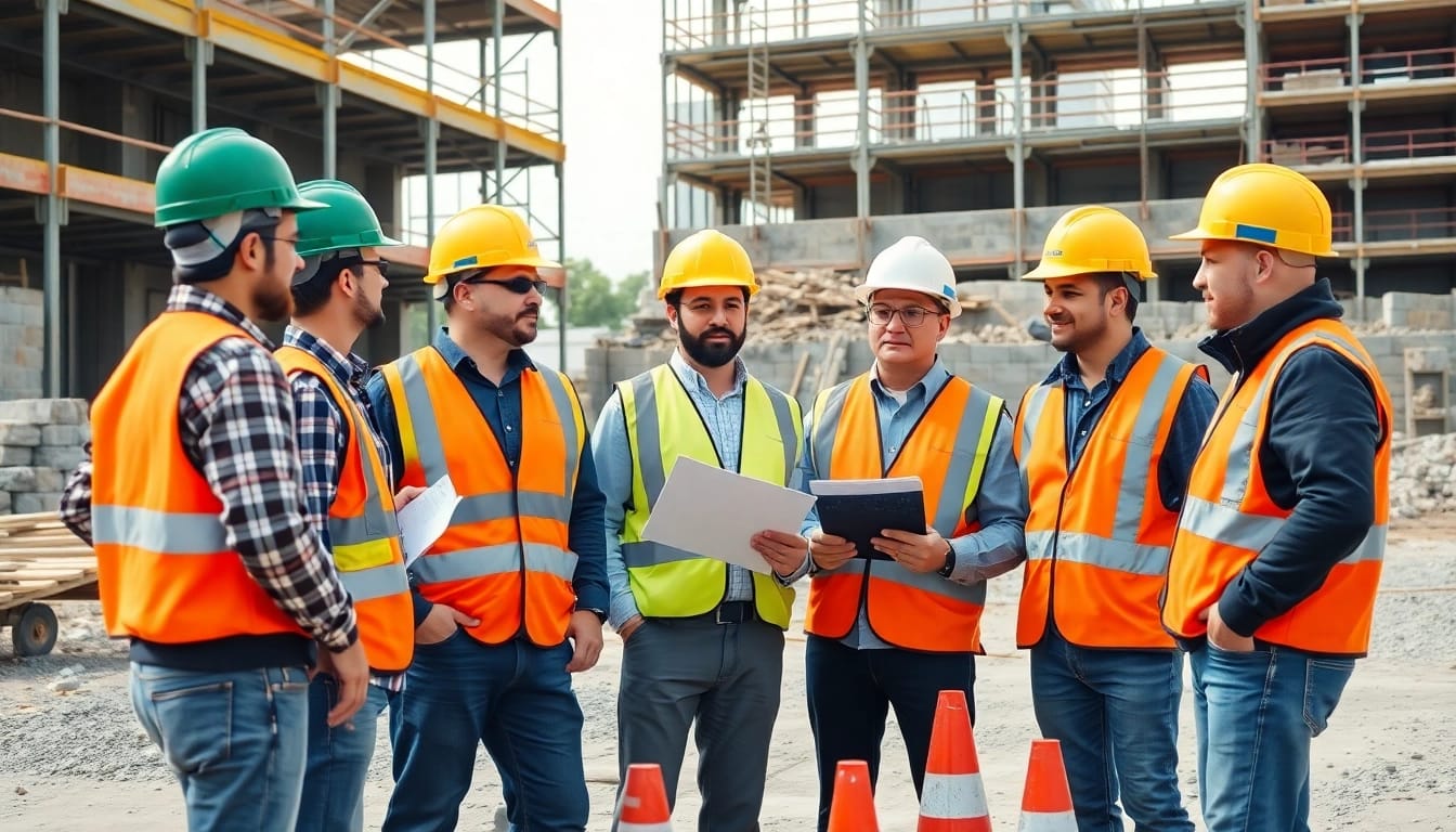 Workers participate in construction safety training, focusing on safety and teamwork.