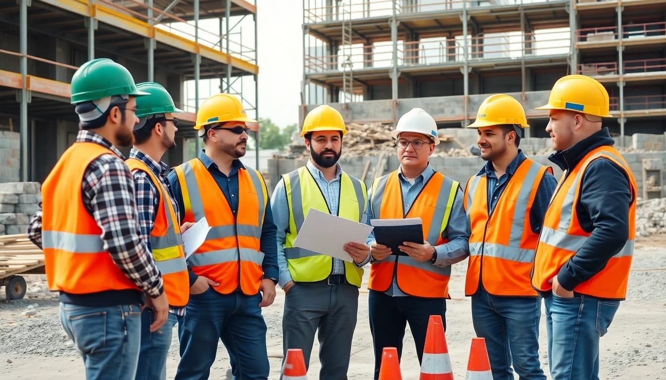 Workers participate in construction safety training, focusing on safety and teamwork.