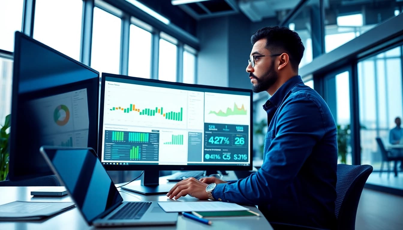 Data analyst utilizing AI for competitive intelligence insights in a modern office setup.