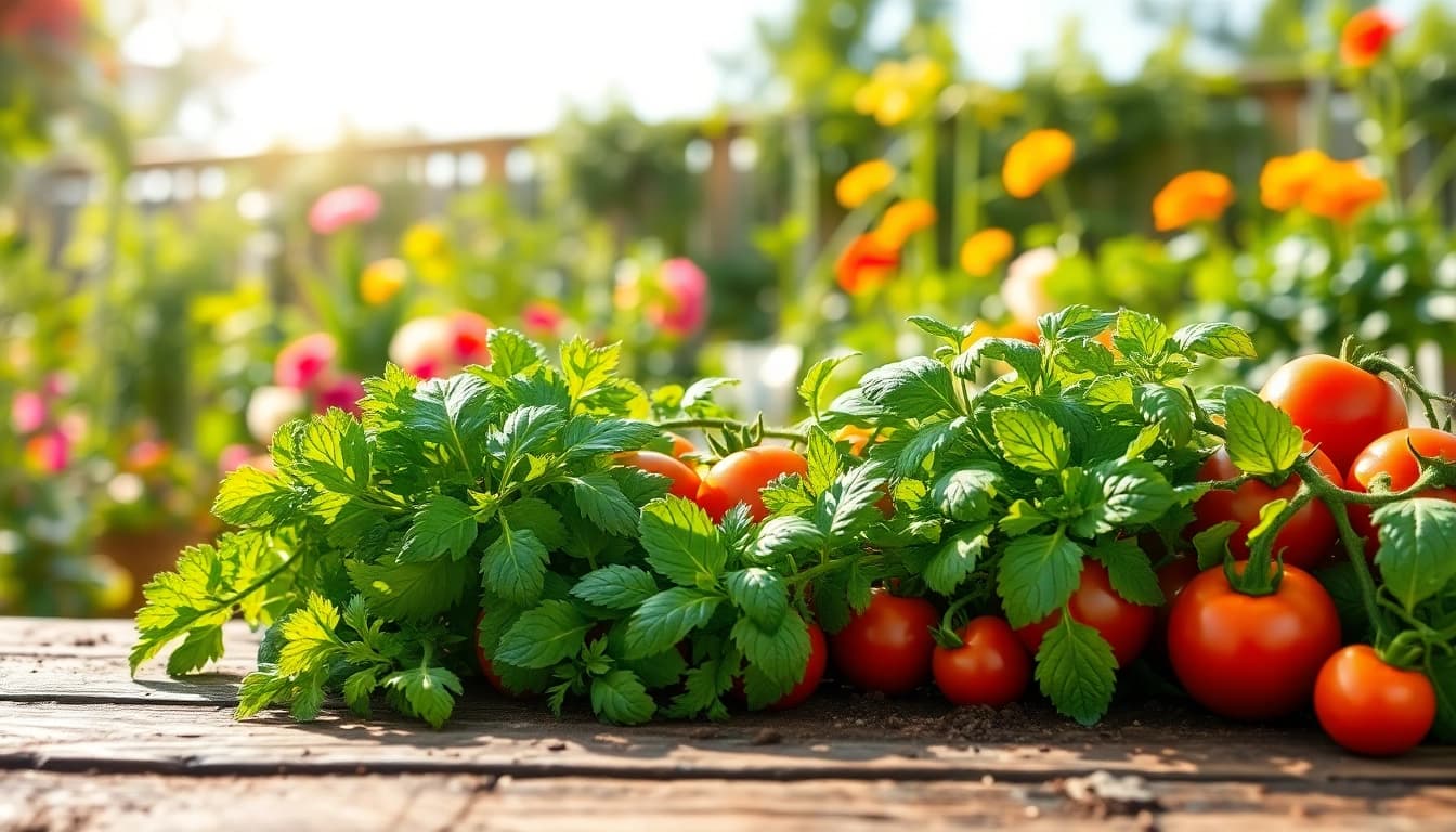 Gardening in a vibrant kitchen garden with fresh herbs and tomatoes on a wooden table.