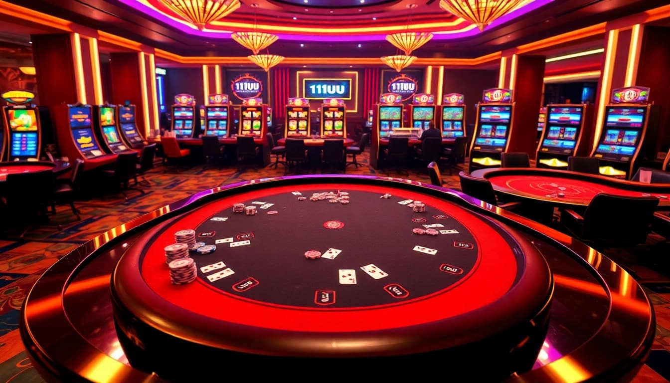 Experience the thrill of 11UU's casino with vibrant tables, engaged players, and lively slot machines.