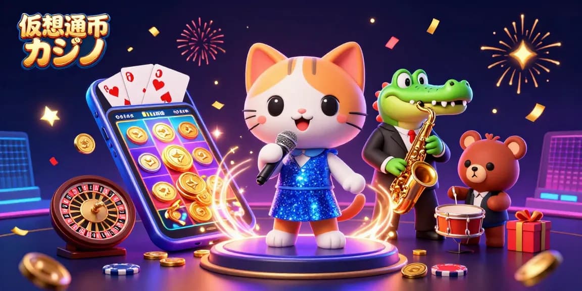 仮想通貨カジノでの華やかなライブパフォーマンスを楽しむ3Dキャラクターたち