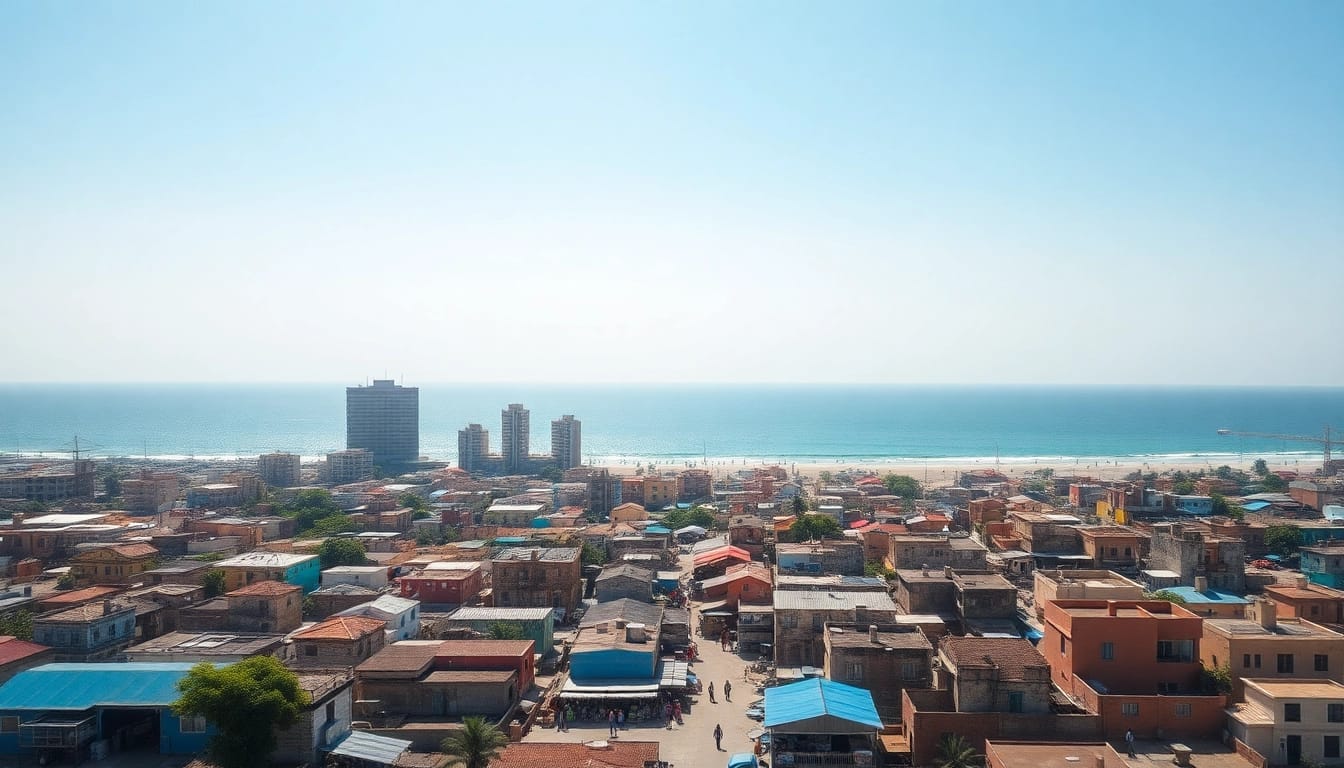 Explore the vibrant urban landscape of Mogadishu km square with bustling markets and stunning ocean views.