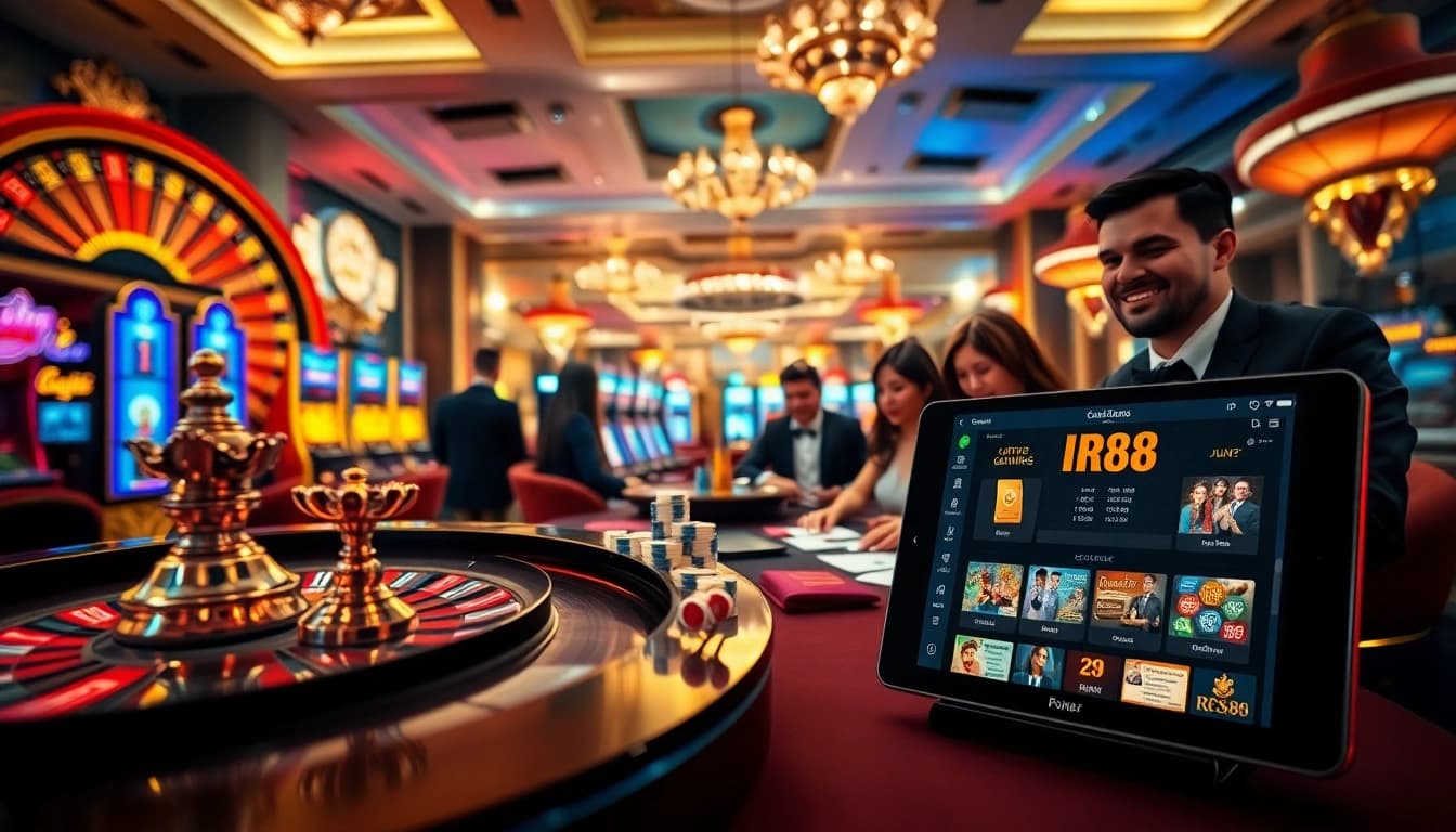 Experience thrilling gameplay at RR88 casino with players enjoying high-stakes poker and roulette.