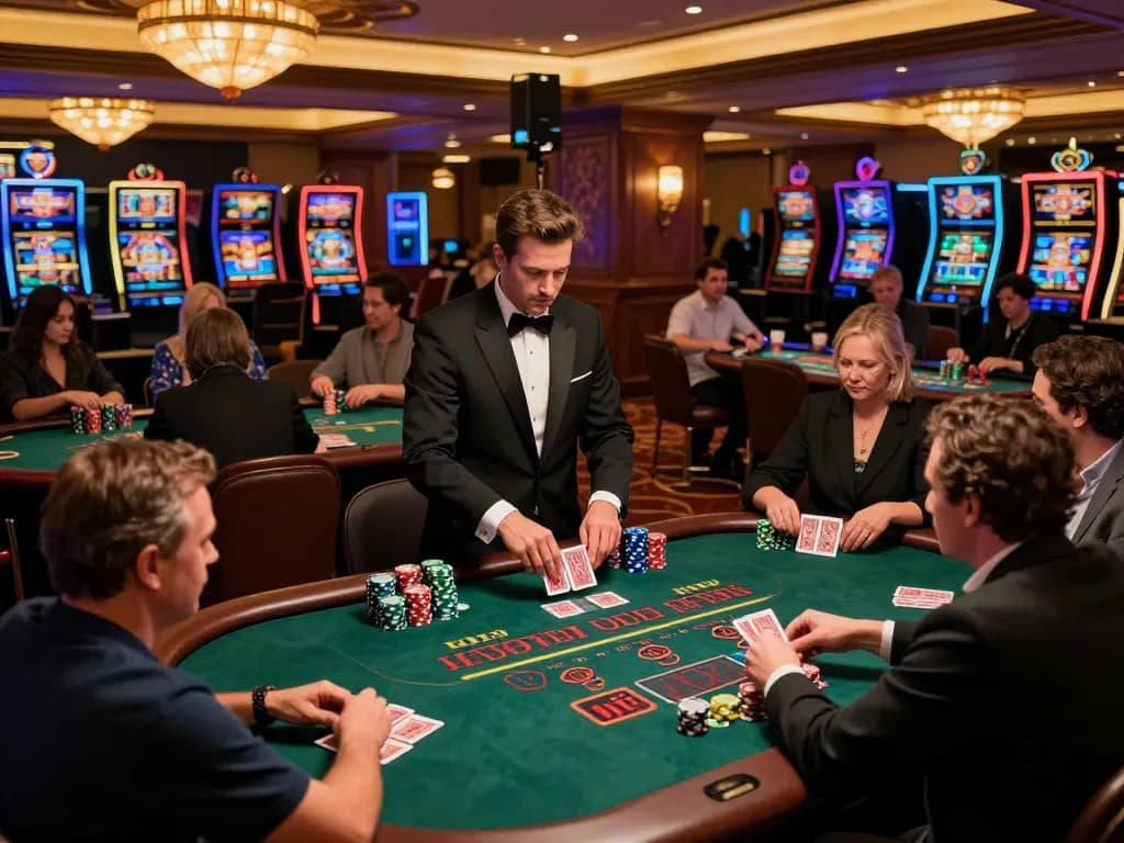 Players enjoying blackjack games at TG88 casino with vibrant atmosphere and warm lighting.
