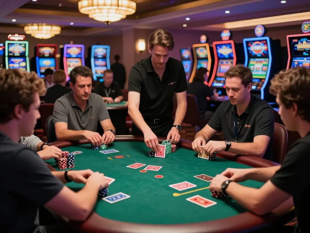 OKFUN players strategizing at a vibrant poker table in an exciting casino atmosphere