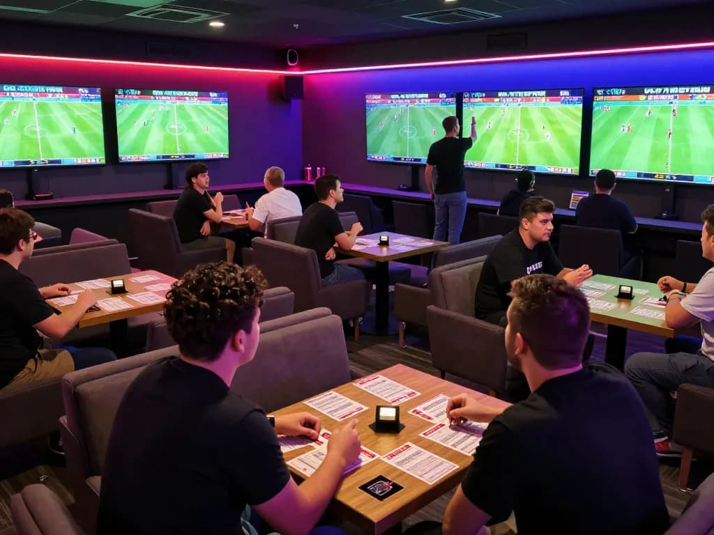 Excited fans making live bets on Okwintv in a lively sports lounge atmosphere.