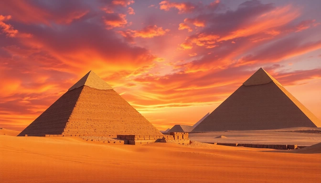 Piraminds standing majestically against a colorful sunset sky, highlighting the ancient structures.