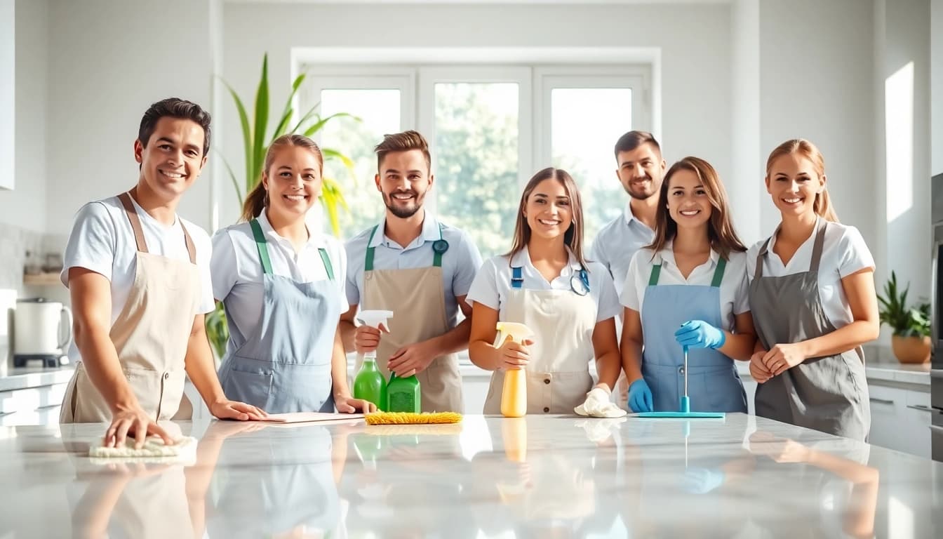 Cleaning service professionals diligently ensuring a pristine kitchen environment.
