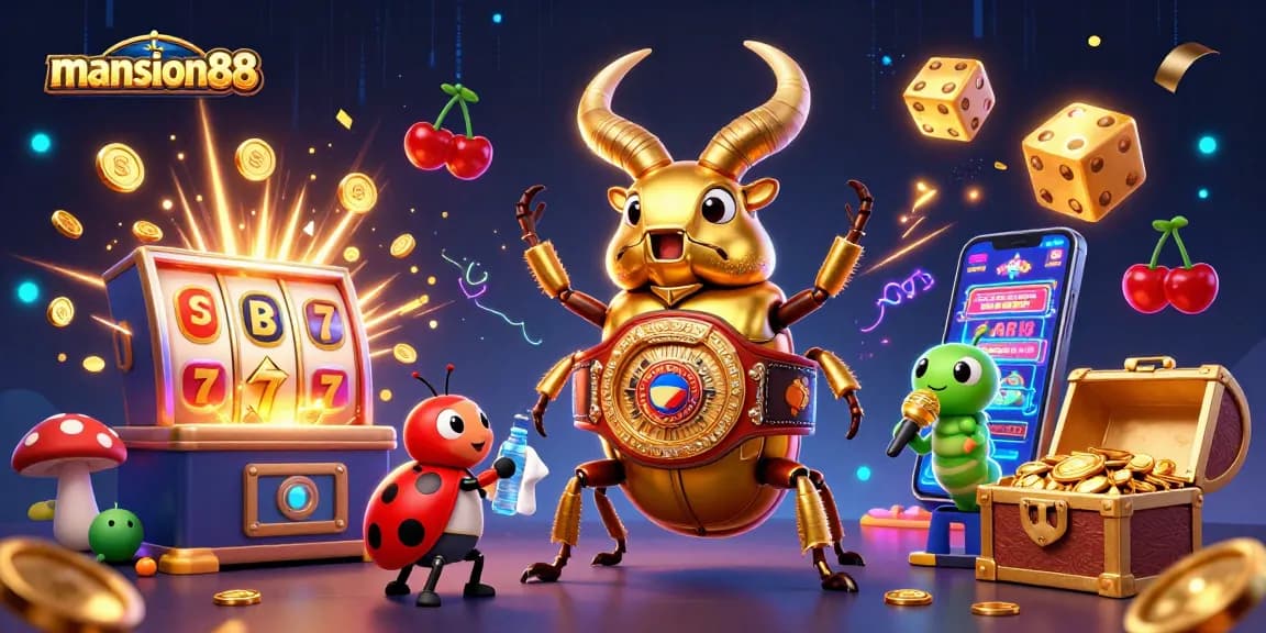 Engage with mansion88's exciting online casino atmosphere featuring vibrant characters and dynamic game elements.