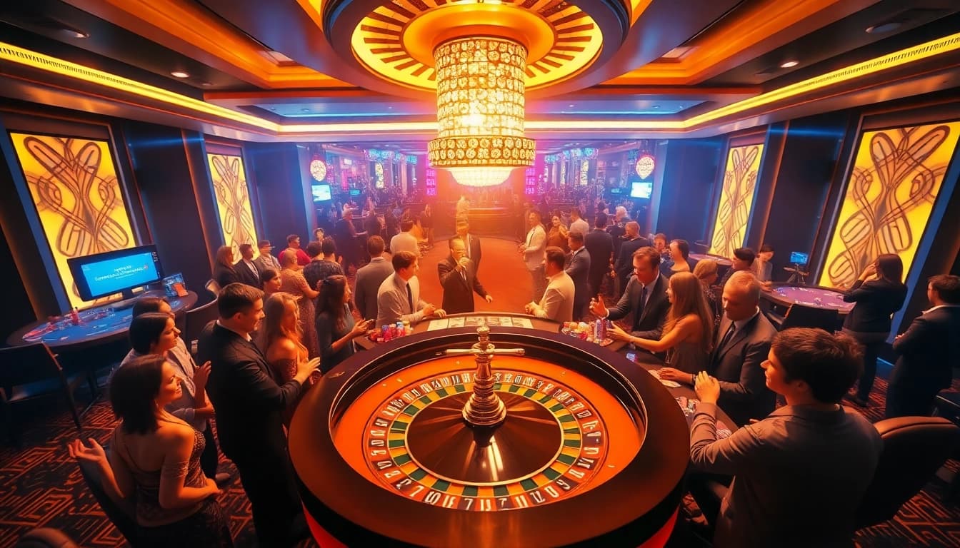 Experience the thrill at luck8's vibrant casino table with engaging players and colorful chips.