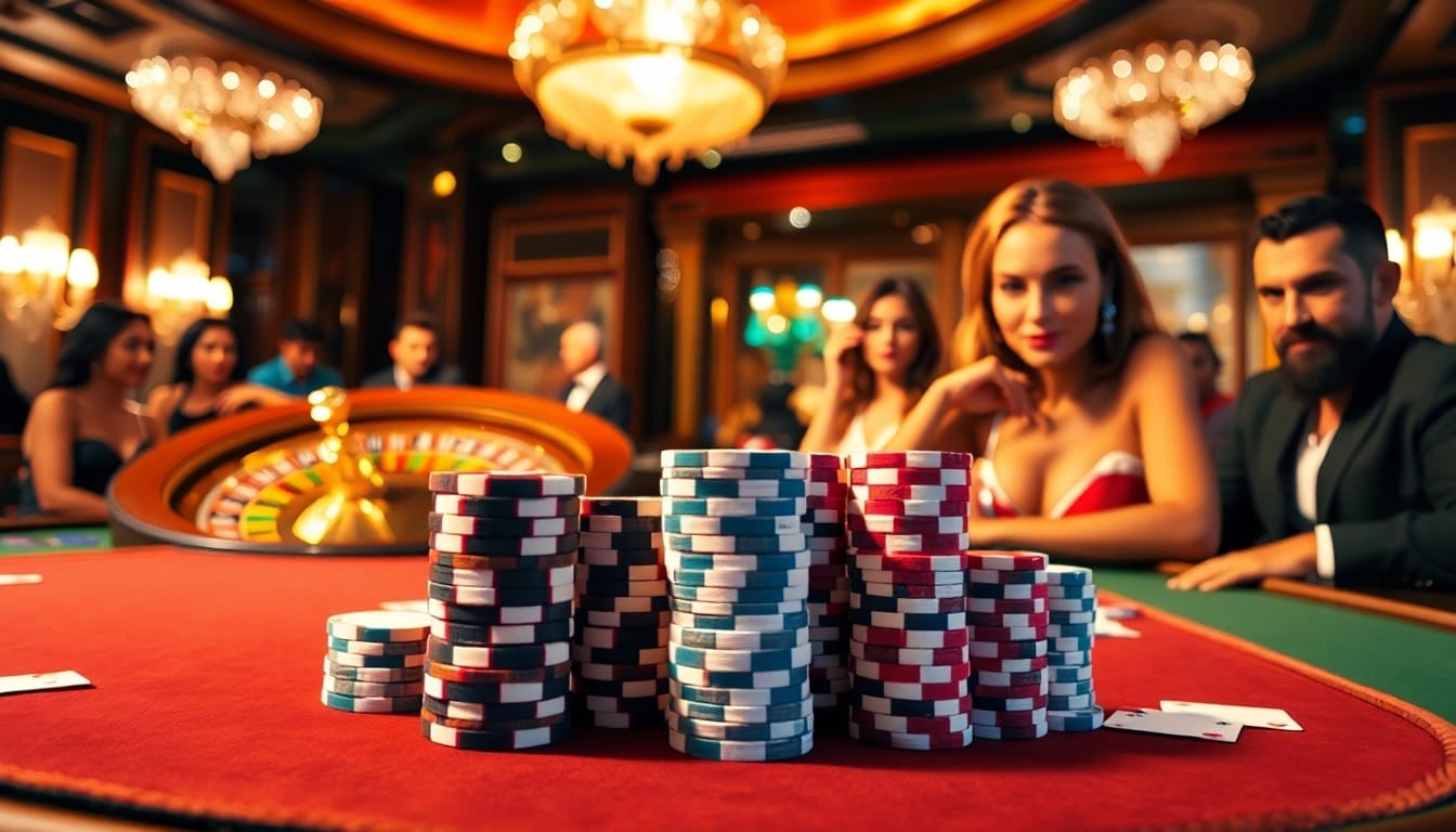 Players strategizing a poker game at MERAH45 casino table with vibrant chips and cards.