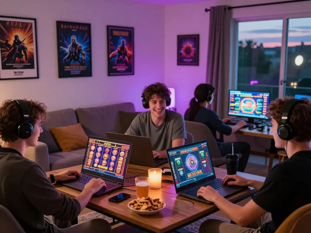 Pemain menikmati permainan slot situs gacor di lingkungan rumah yang nyaman dengan grafik yang cerah dan makanan ringan.