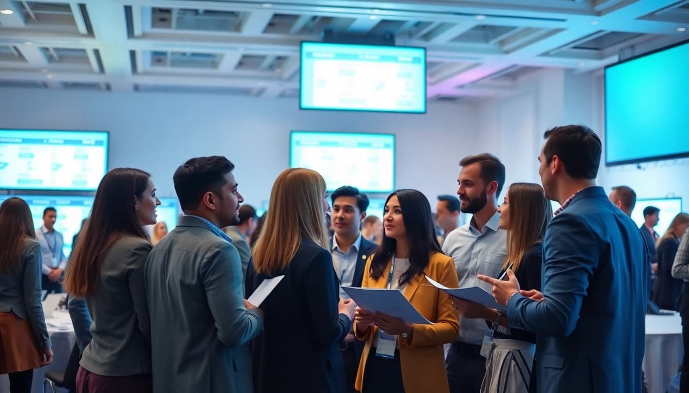 Event management professionals collaborating in a vibrant conference setting.
