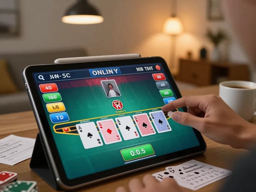 Player strategizing online blackjack on 98win tablet, enhancing betting techniques while relaxing at home.