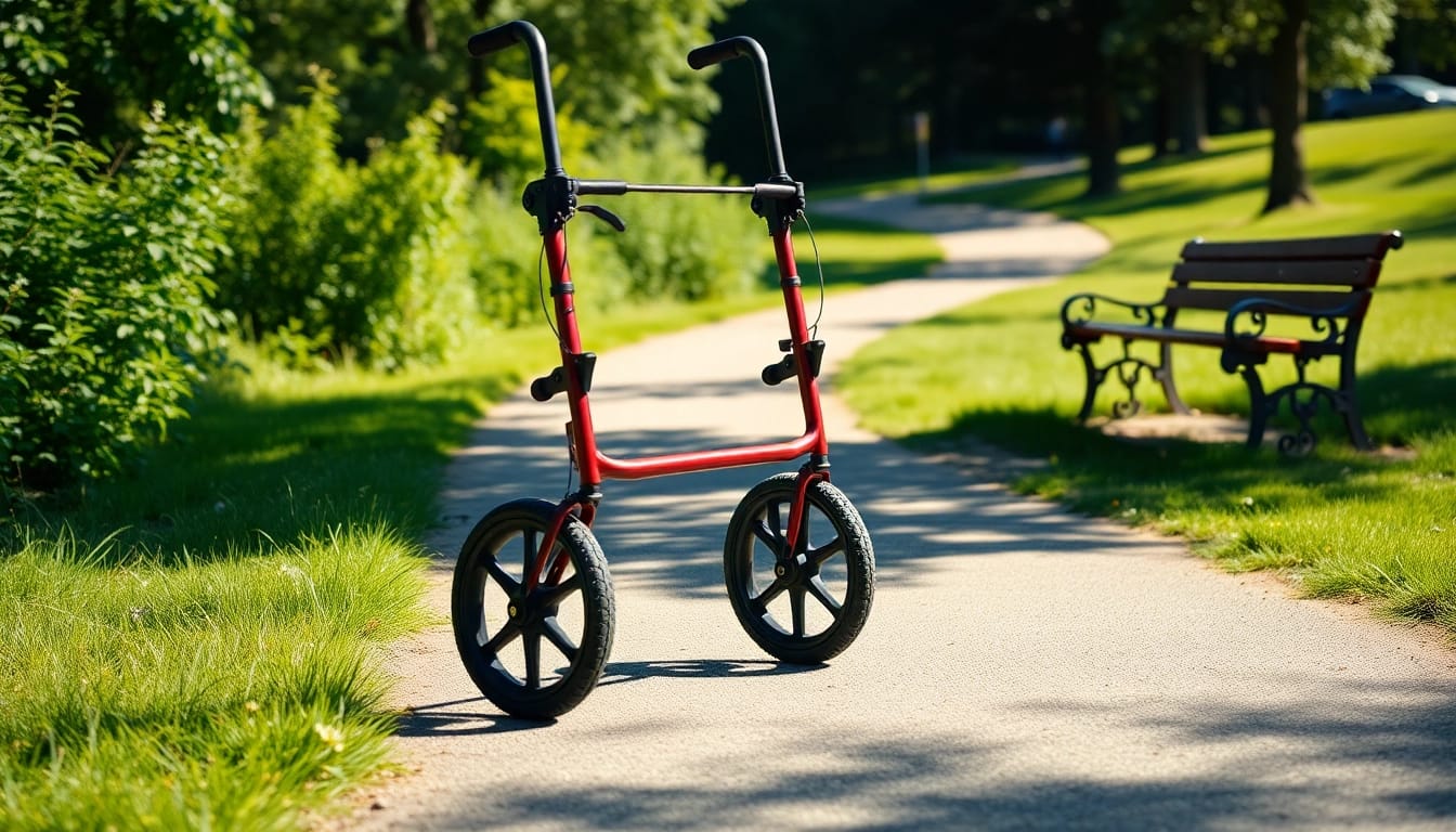 Aktiver Benutzer mit einem outdoor rollator, der auf einem malerischen Weg in einem Park spaziert.