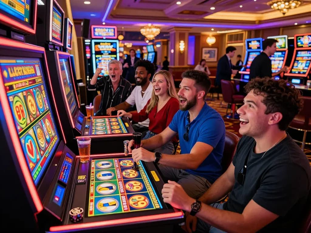 Exciting casino gaming scene at https://lucky88.tips/ with diverse players enjoying the Lucky 88 slot machine.