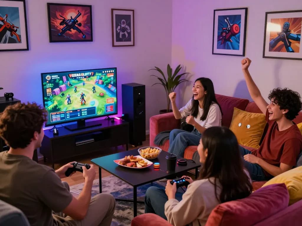 Friends enjoying the VEGASSLOT77 online gaming experience in a vibrant living room setting