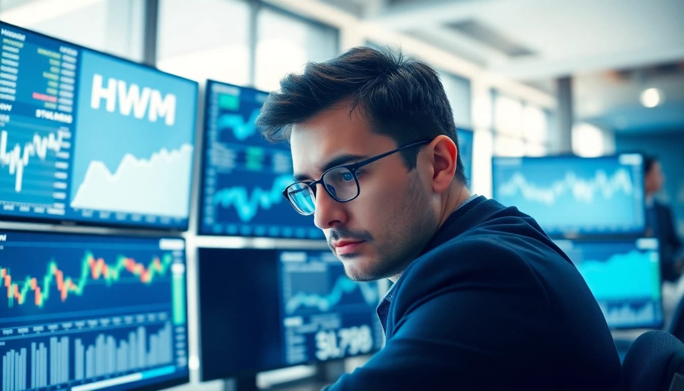 Analyze HWM stock price trends with a financial analyst in a modern office setting.