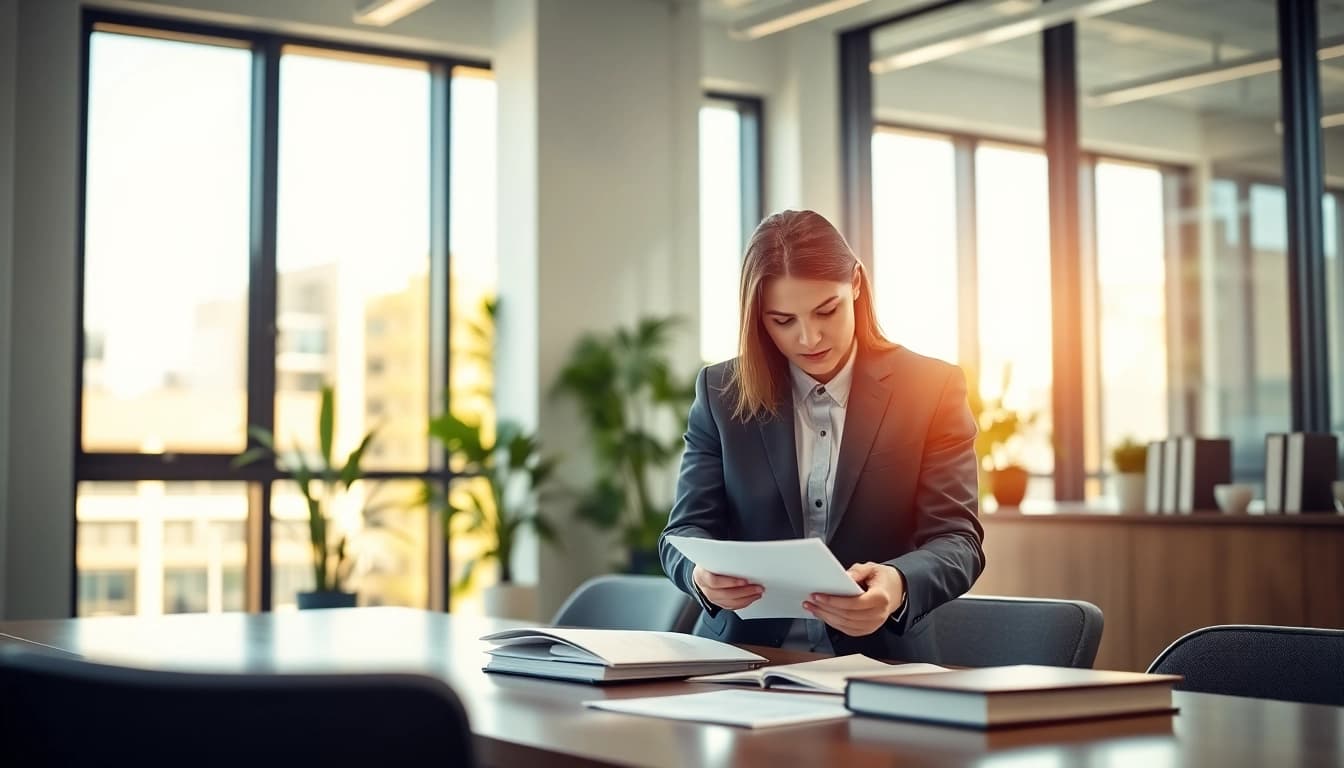 Supporting a client, Fort Lauderdale workers compensation lawyer reviews case details in a modern office