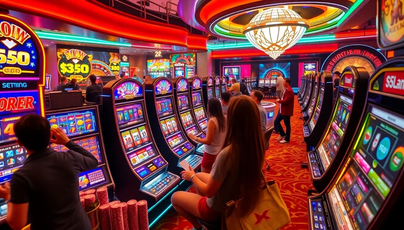 Rasakan sensasi slot88 dengan pemain merayakan kemenangan di mesin slot mewah di kasino yang ramai.