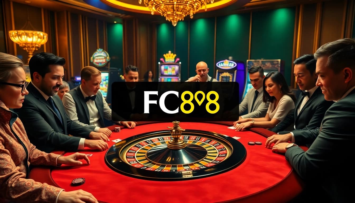 Engaging players at FC88 roulette table excitedly betting in a vibrant casino atmosphere.