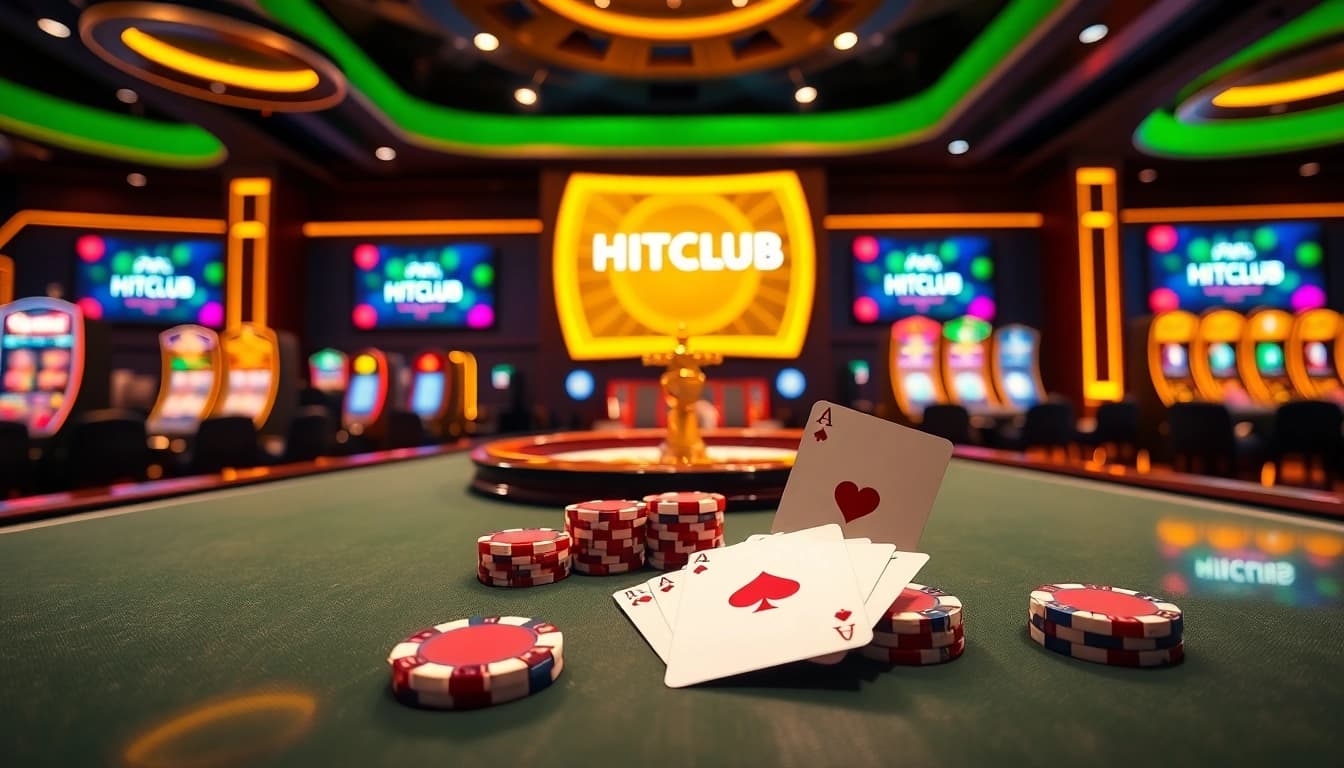 Experience excitement at HITCLUB with a vibrant online casino scene featuring roulette and poker tables.