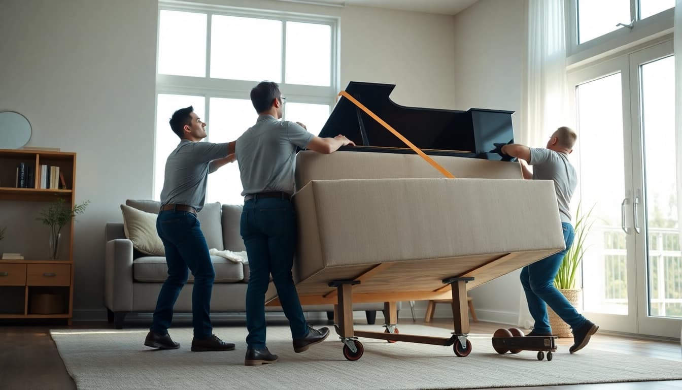 Movers skillfully handling oversized item moves like a piano and sofa in a spacious living room setting.