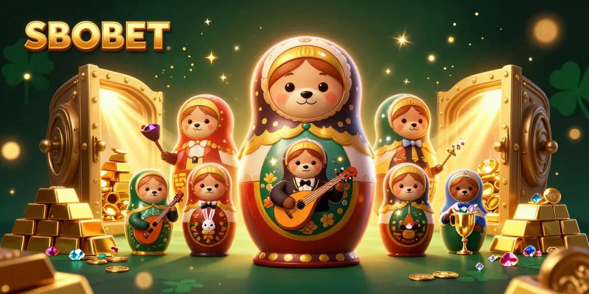 SBOBET bears dressed as casino dealers amidst sparkling treasures and vibrant colors, creating a lively casino scene.
