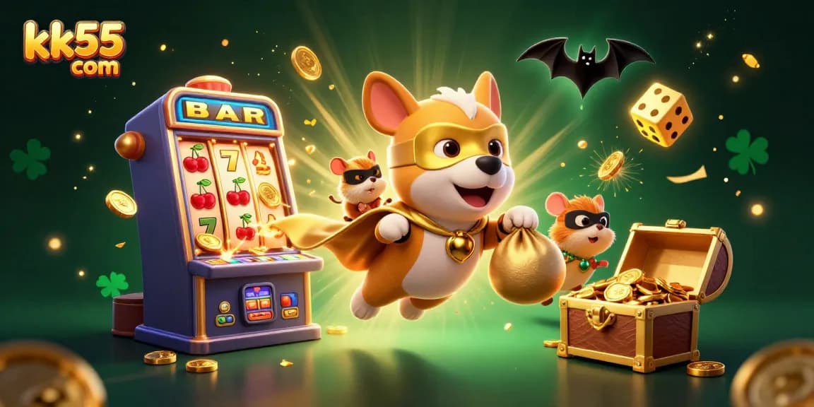 Experience thrilling wins at kk55 com with a 3D illustration of a superhero dog and exciting casino elements.