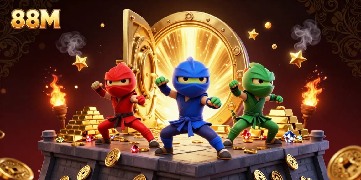 88M casino scene showcasing ninja chameleons with gold treasures, enhancing the gaming experience.