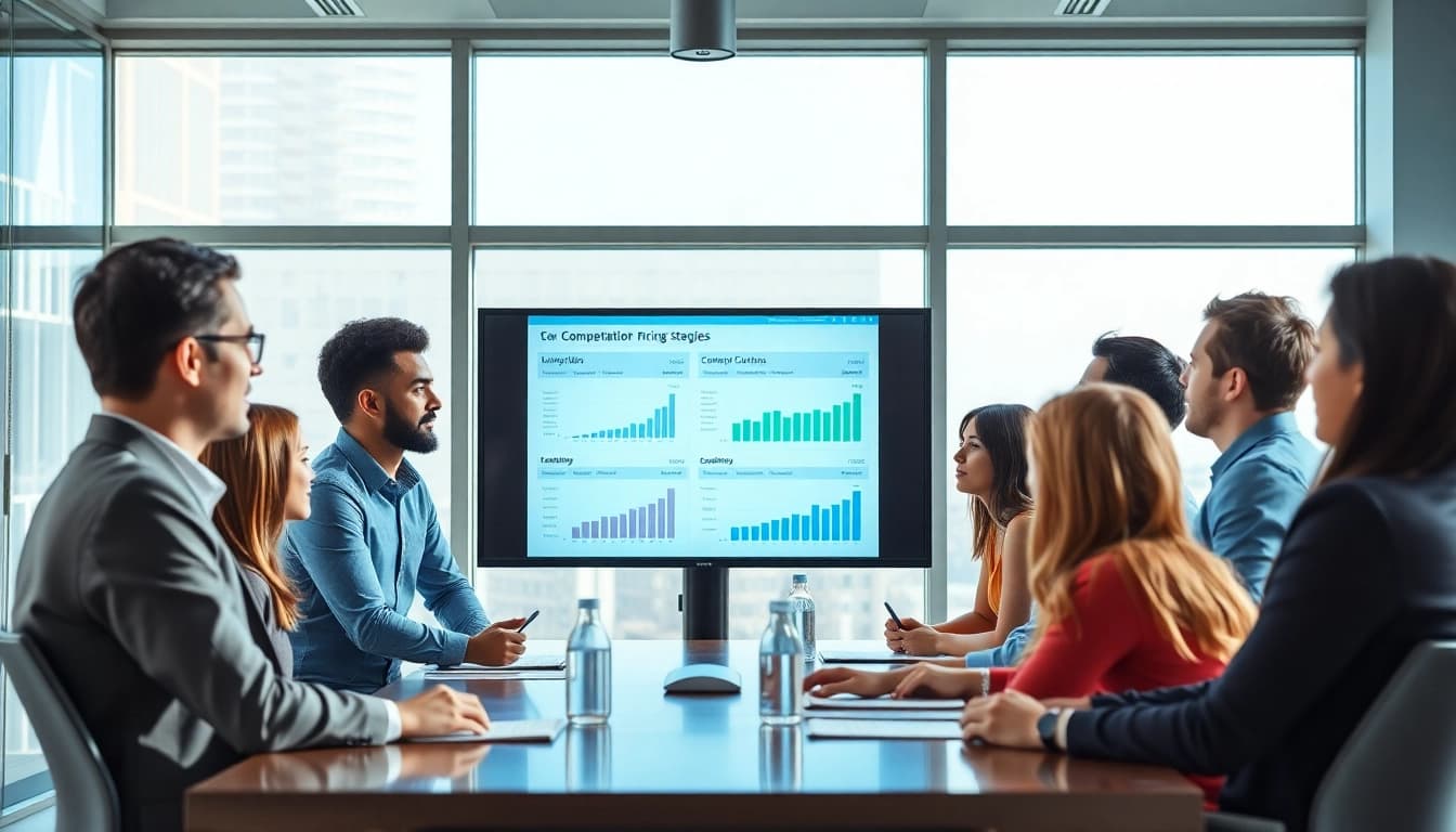 Analyze competitor pricing strategies in a vibrant business meeting setting with a diverse team.