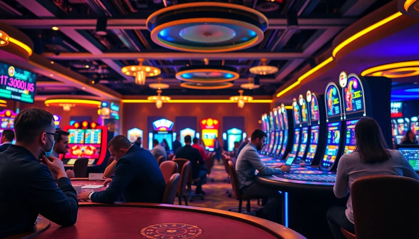 Players enjoying various games at a lively crypto casino filled with digital displays and colorful lights.