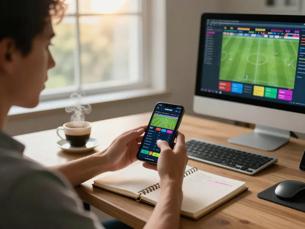 Bóng đá Bet168 betting excitement in a modern home office with live odds displayed on a smartphone.