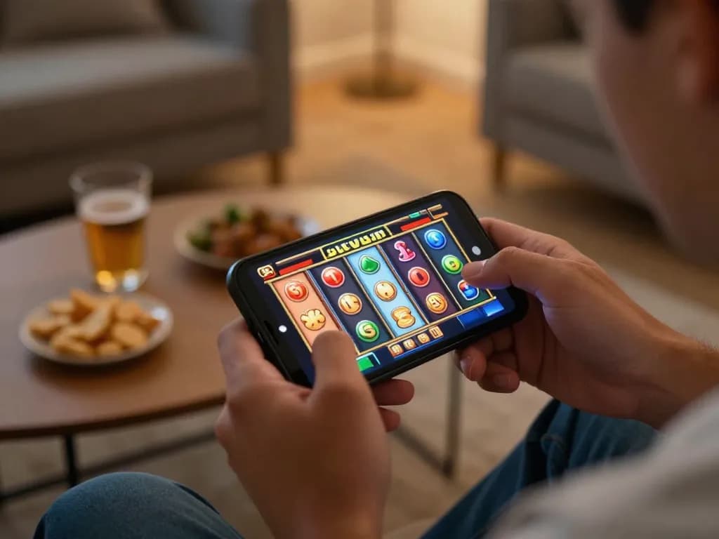 Player enjoying a thrilling slot depo 10k game on smartphone, vibrant reels and cozy setting.