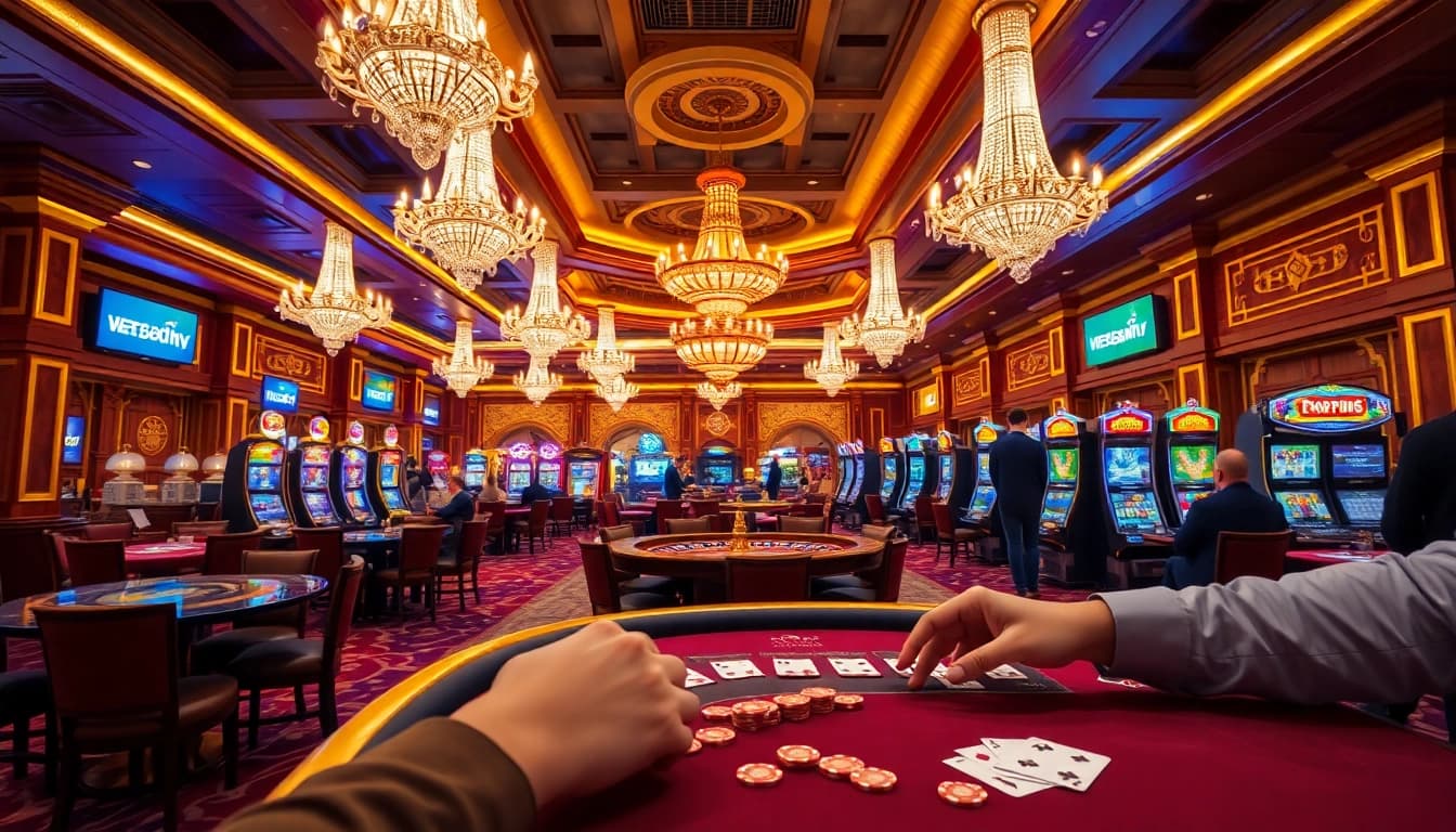 Exciting gameplay at RR88 casino with players placing bets at poker tables and slot machines.
