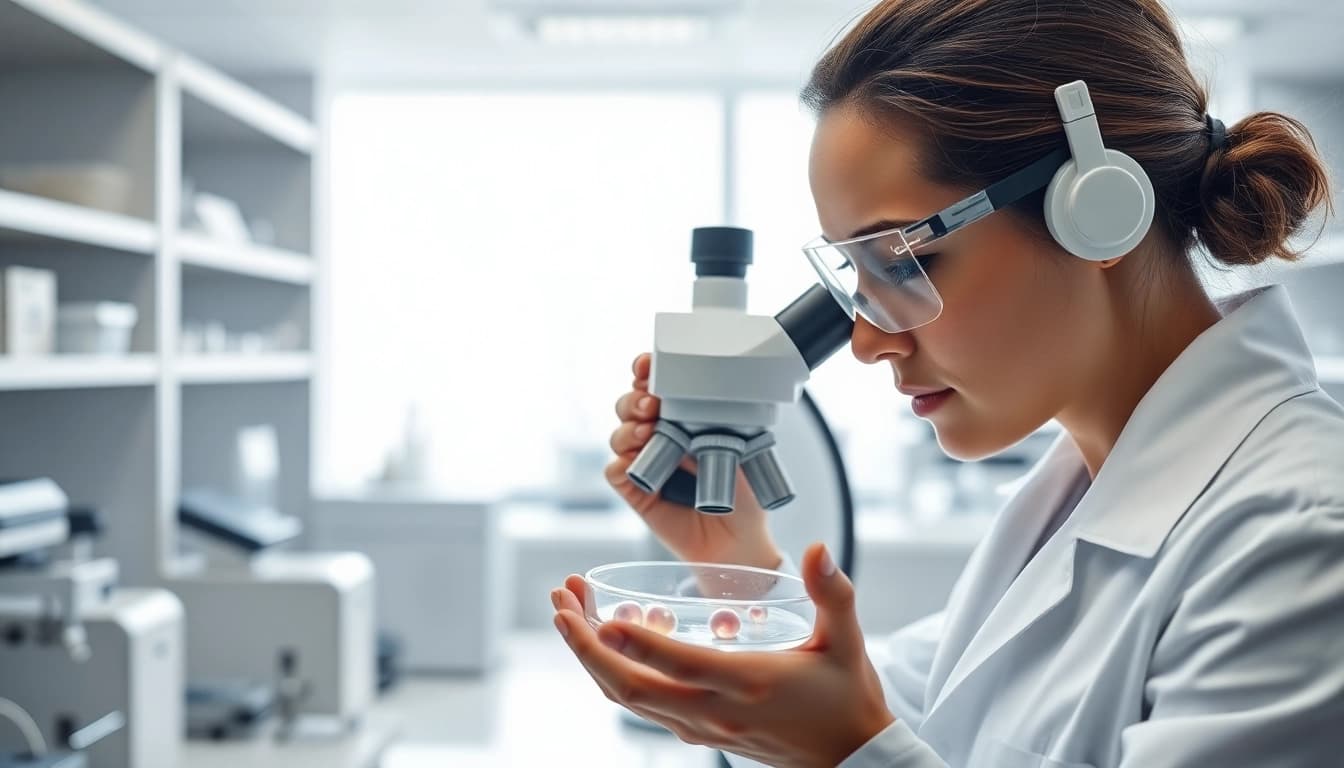 Fecondazione in vitro nel laboratorio con scienziato osservando embrioni al microscopio.