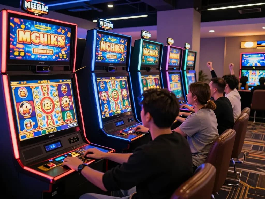 Exciting online gaming scene showcasing vegasslot77.com with colorful slot machines and happy players.