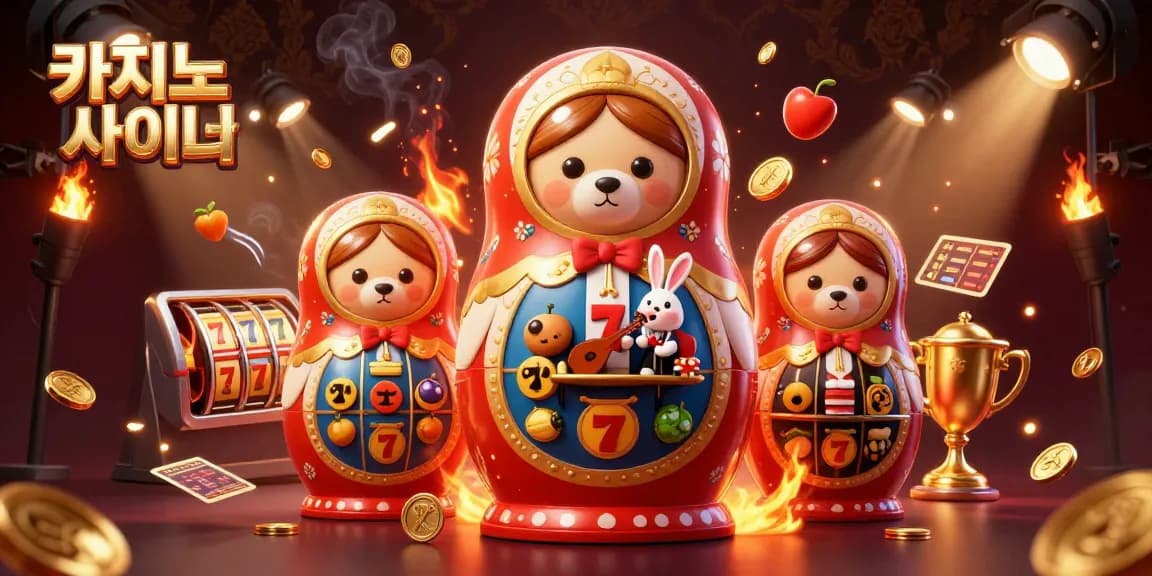 카지노 사이트에서 슬롯게임과 함께 즐기는 마트료시카 캐릭터와 잭팟을 배경으로 한 일러스트
