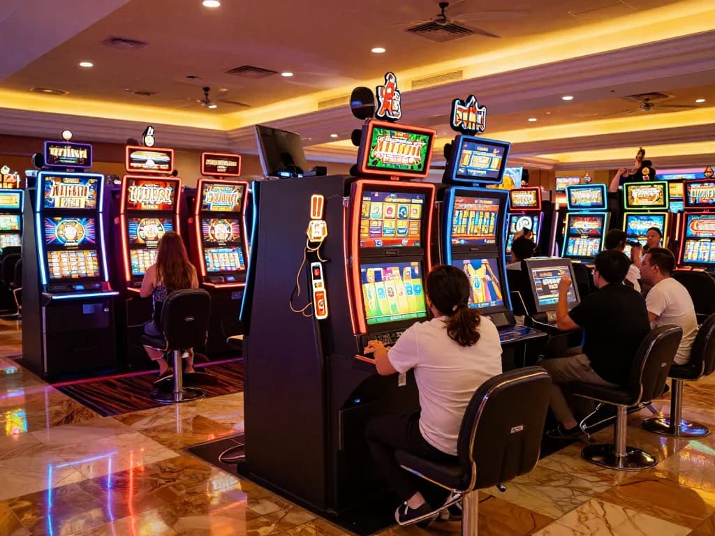 Players enjoy thrilling max79 slot machines in a colorful casino environment.