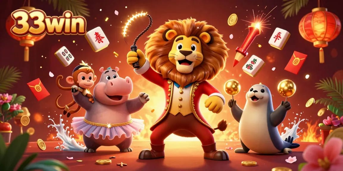 Experience thrilling action in 33win's vibrant casino scene, featuring dynamic characters and festive elements.