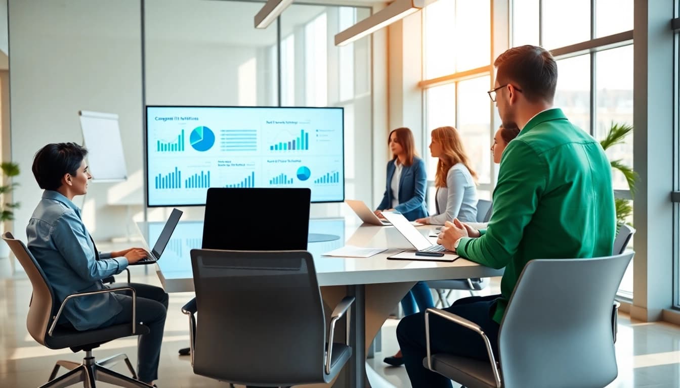 Analyze competitive intelligence metrics collaboratively in a modern office setting.