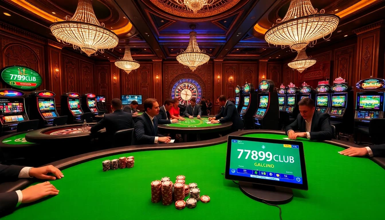 Exciting casino gaming scene with 789CLUB logo on tables and digital displays.