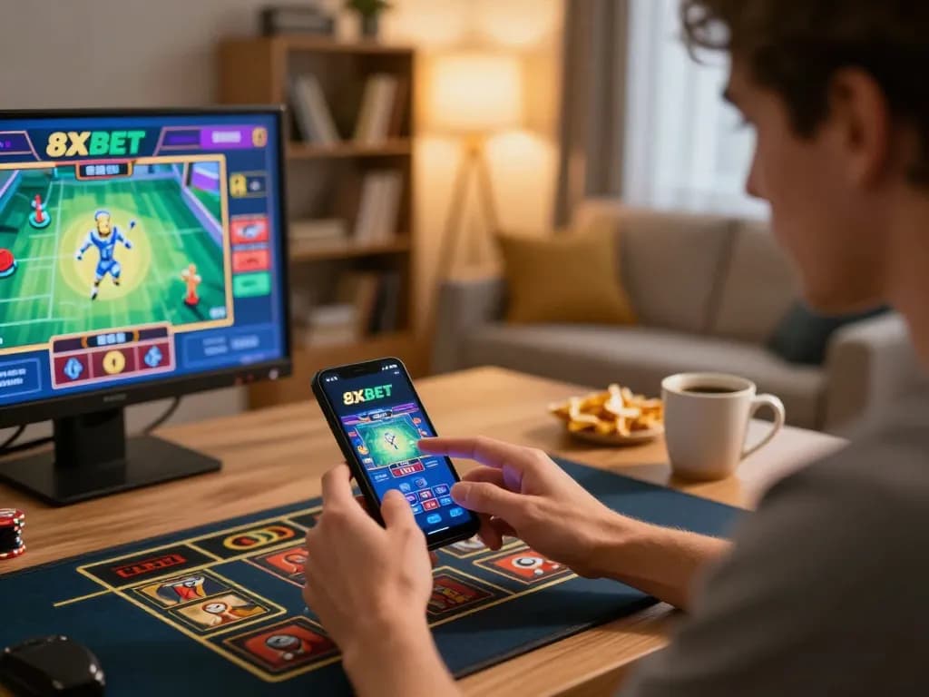 Player engaging with the 8xbet mobile app while betting on a vibrant online game.