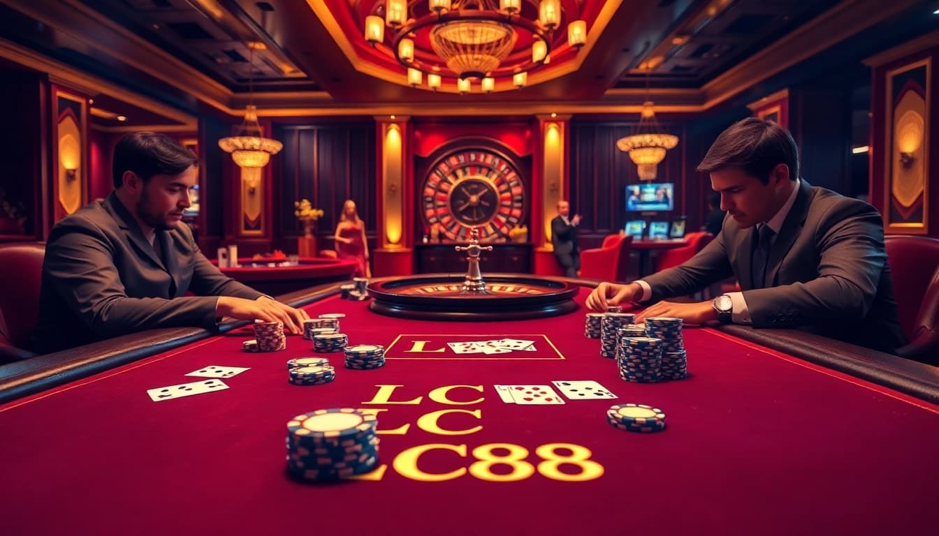 Players winning big at LC88's high-end poker table in a luxurious casino environment.