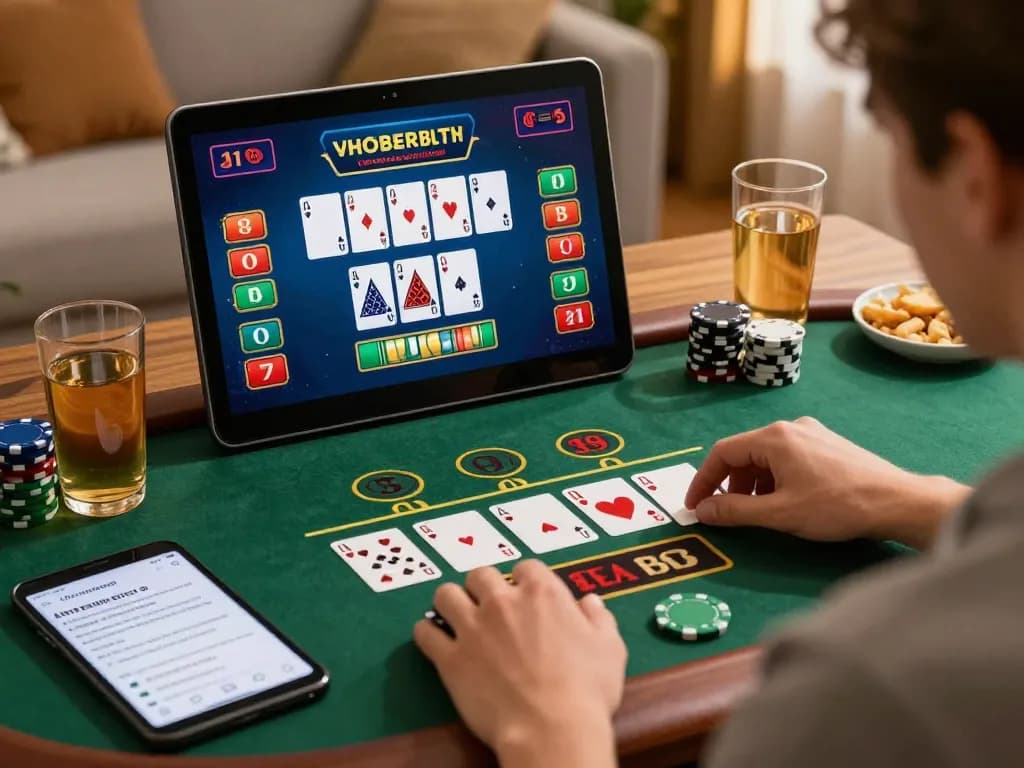 Experience thrilling online blackjack with LC88 in a cozy home setup.