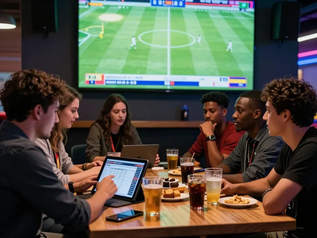 Exciting scene of friends enjoying kèo nhà cái with live football betting in a modern lounge.